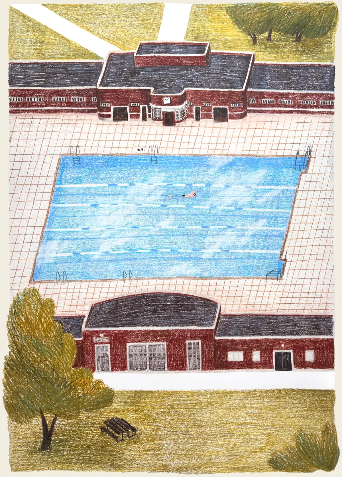 Coloured pencil drawing looking down on Parliament Hill Lido, a single swimmer in the blue pool between the brick buildings.
