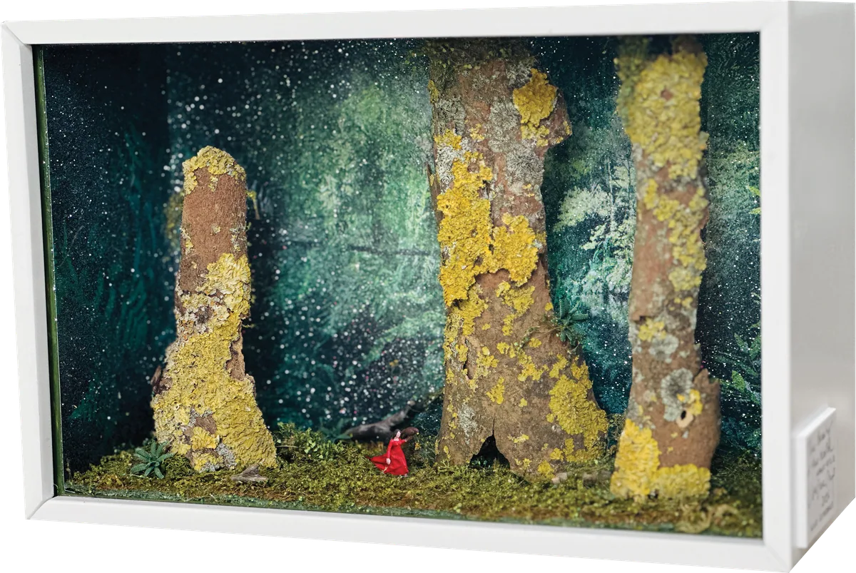 Glass Cathedral box diorama: a tiny figure in a red dress among towering lichen-covered tree trunks in a dark, glittering forest.