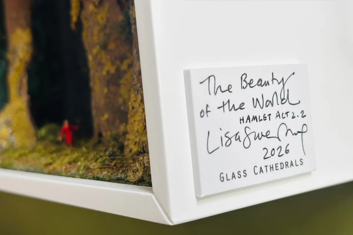 The side of the box: the tiny figure in red among the mossy trunks, beside a handwritten label signed by Lisa Swerling, 2026, Glass Cathedrals.