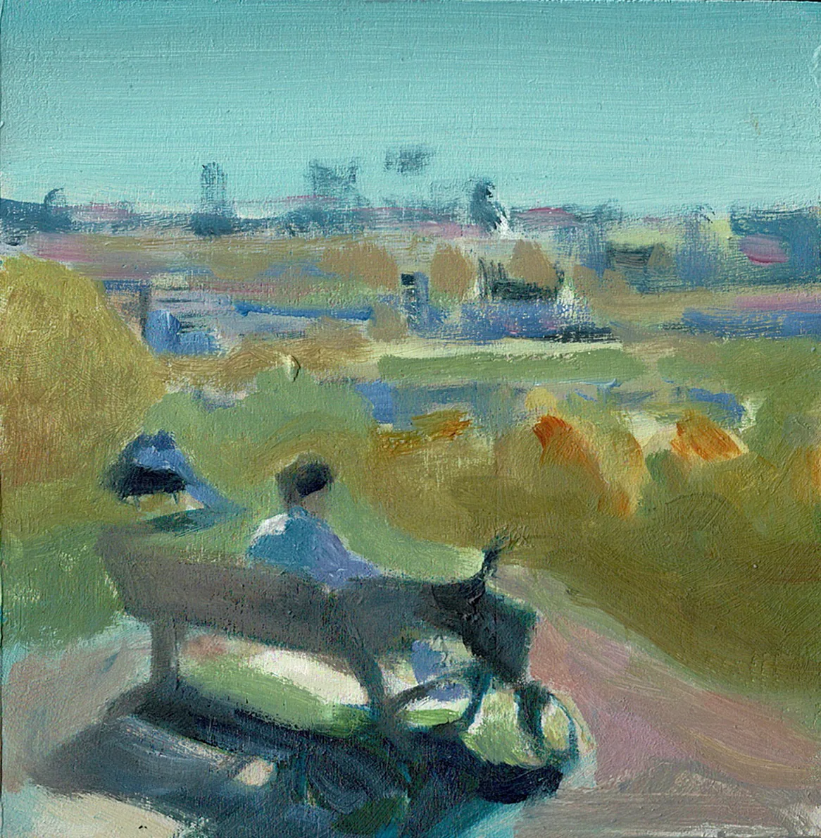 A cyclist resting on a bench at the Parliament Hill viewpoint, the city spread out below.