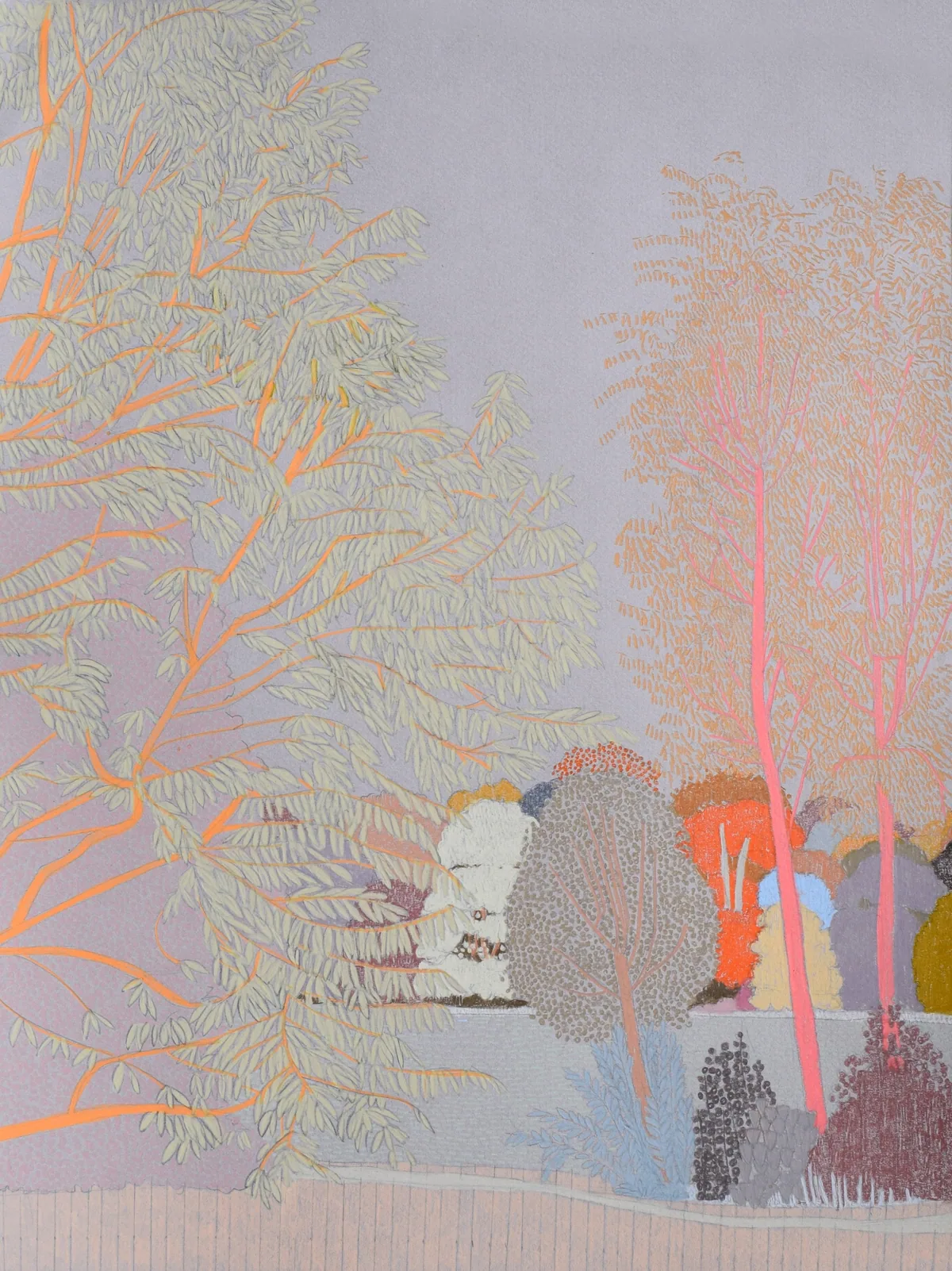 Pale green and pink trees with clusters of colourful shrubs beside a fence, in soft lilac tones.