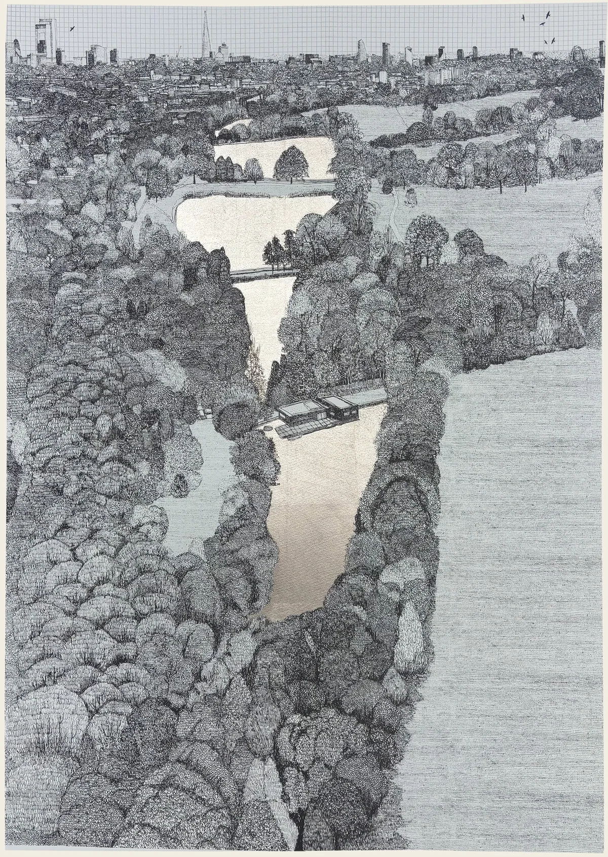 Finely drawn black and white view looking down over the wooded ponds of the Heath, with the bathing-pond house in the middle and the London skyline on the horizon.