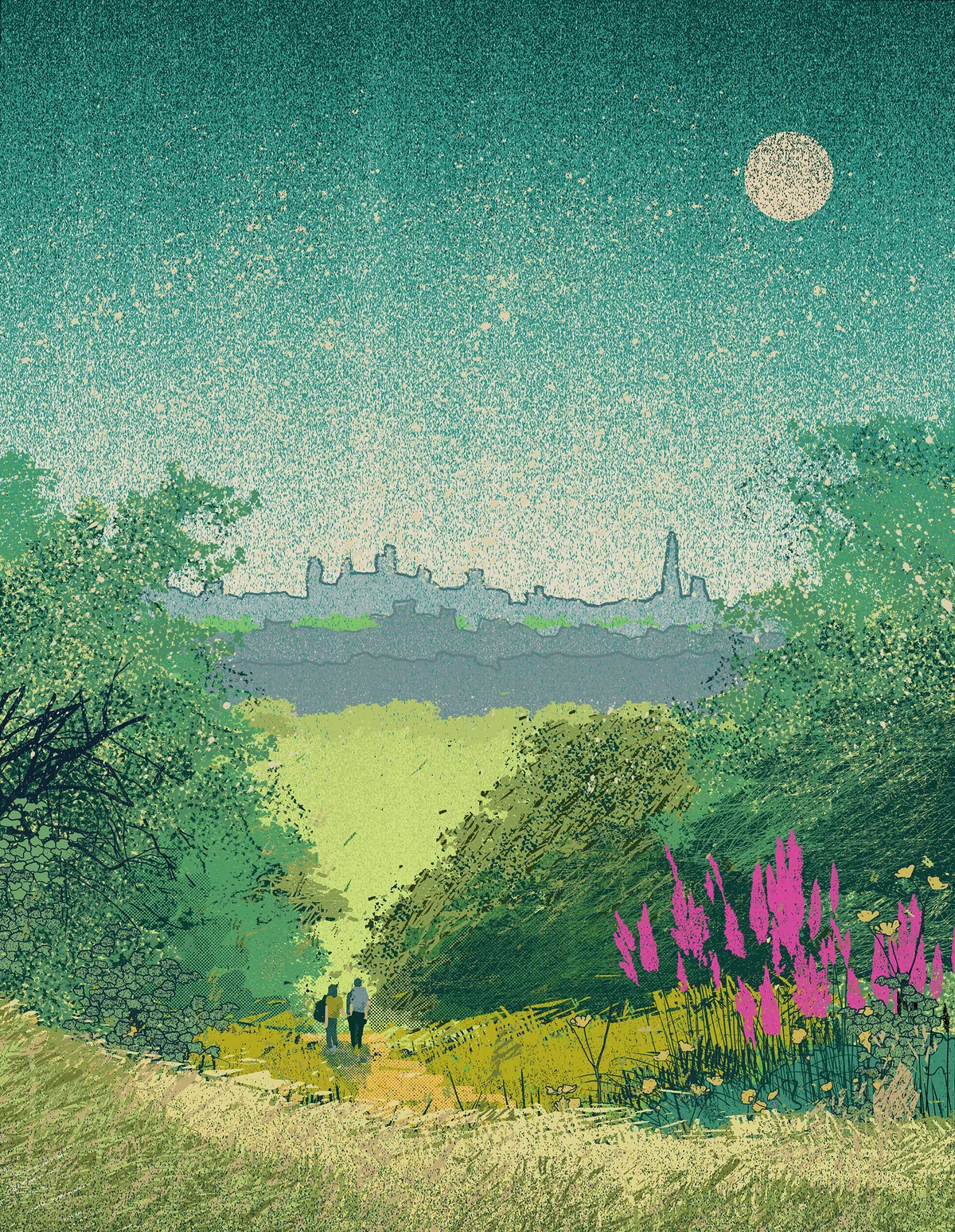 Jon Mackay’s Heathbound: two walkers on a sunlit path across the Heath at dusk, foxgloves in the foreground and the London skyline beneath a full moon.