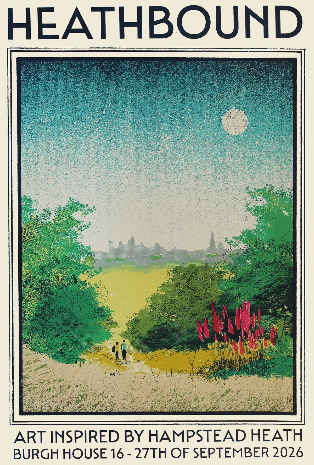Silk screenprint: two walkers on a sunlit path across the Heath at dusk, foxgloves in the foreground and the London skyline beneath a full moon.