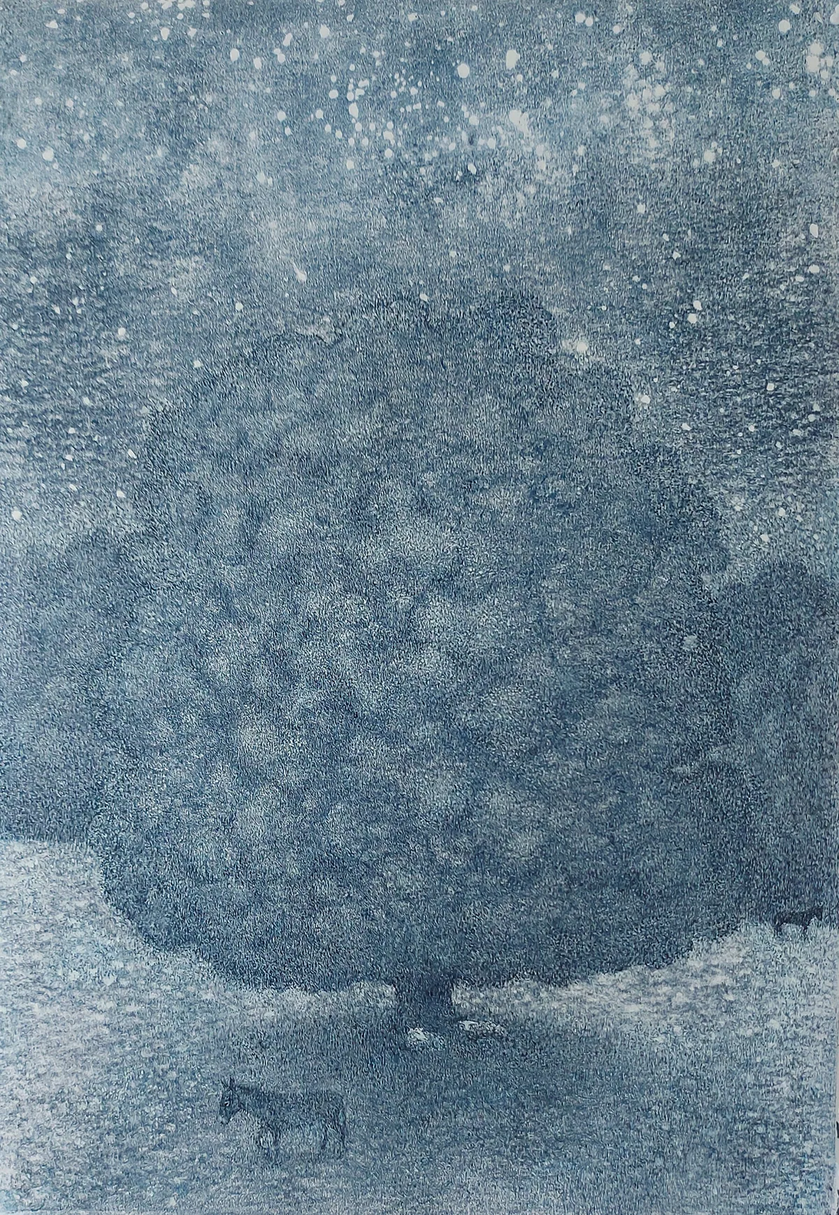 Monotype in misty blue-greys: a great rounded tree under a speckled sky, with a tiny horse grazing at its foot.