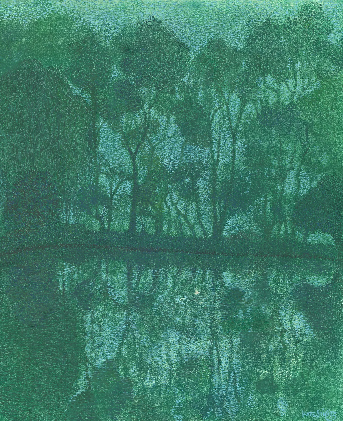 Monotype in deep greens: a line of tall trees on the far bank of a pond, mirrored in the still water below.