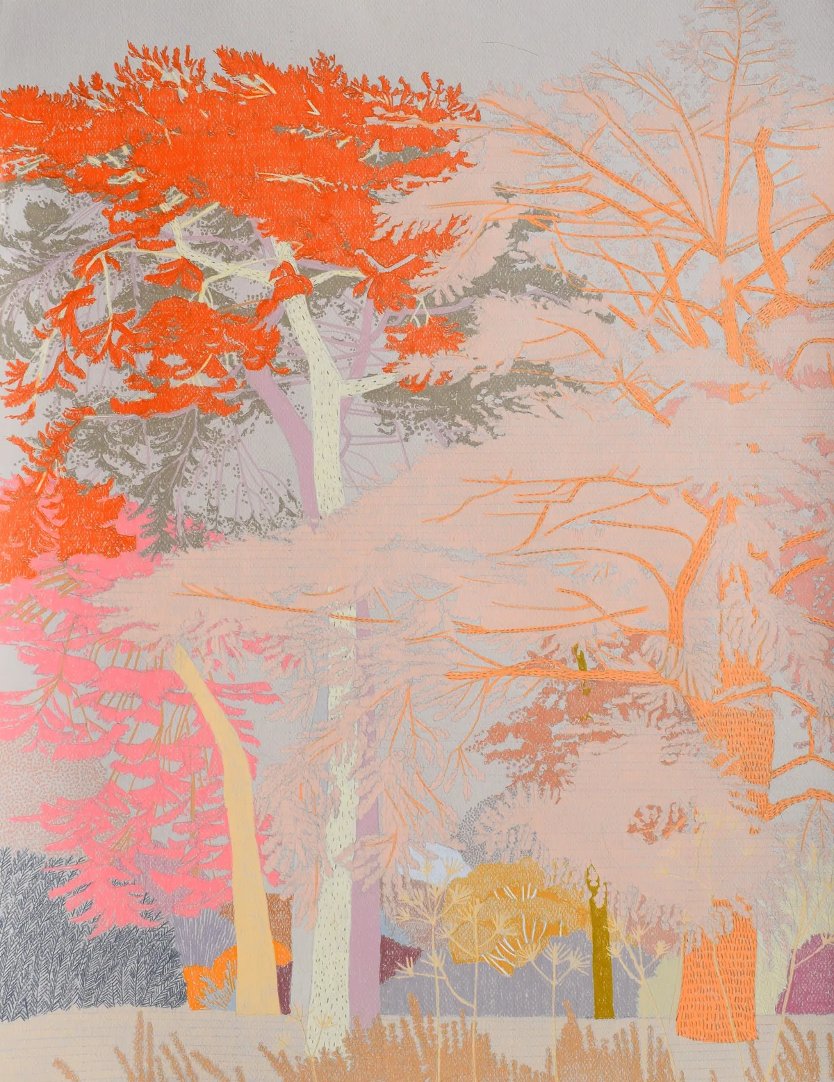 Tall trees drawn in vivid orange, coral and pale pink against a soft grey-lilac ground.