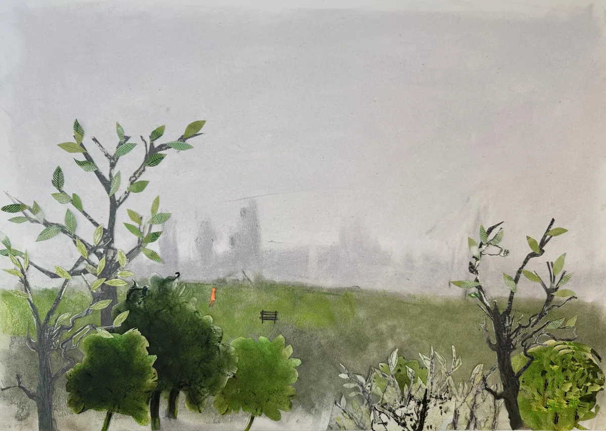 Collage of a misty grey-green hillside with young trees, a distant bench and a small figure in orange.