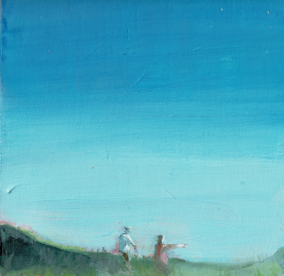 Two small figures on a hilltop pointing out at a vast clear blue sky.