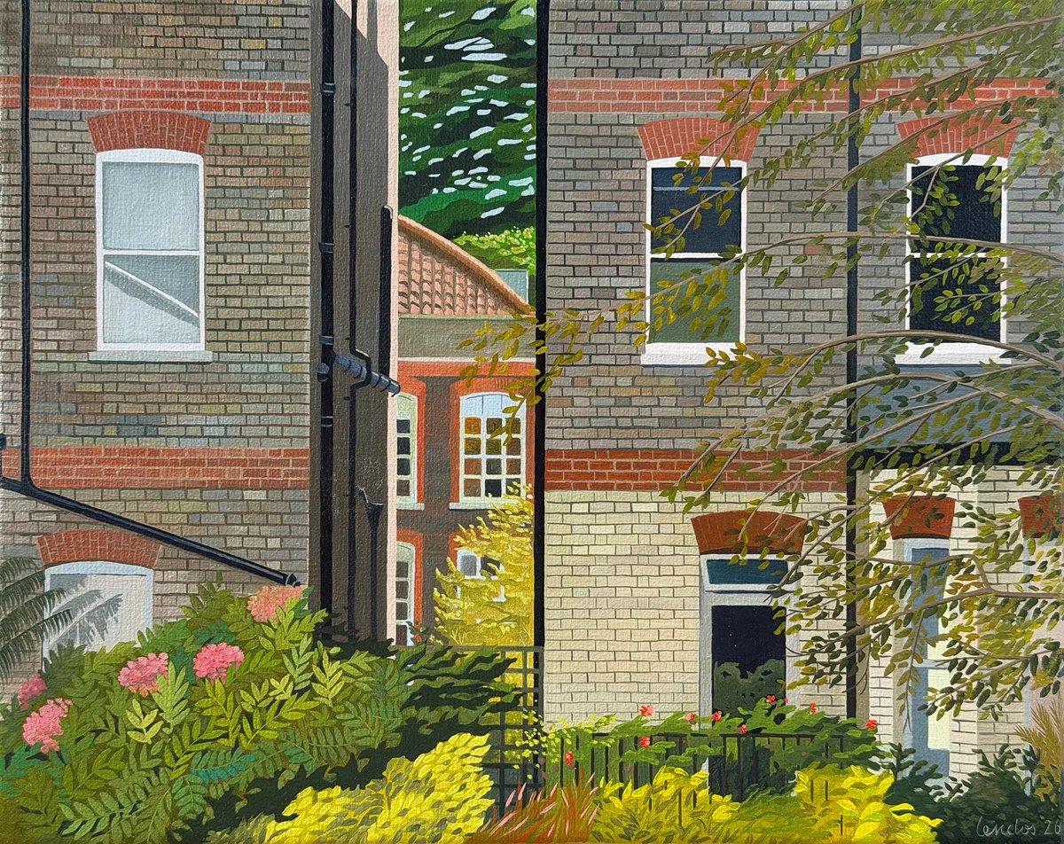 Oil painting of tall brick and stone Hampstead houses rising above a sunlit garden of pink flowers and greenery.