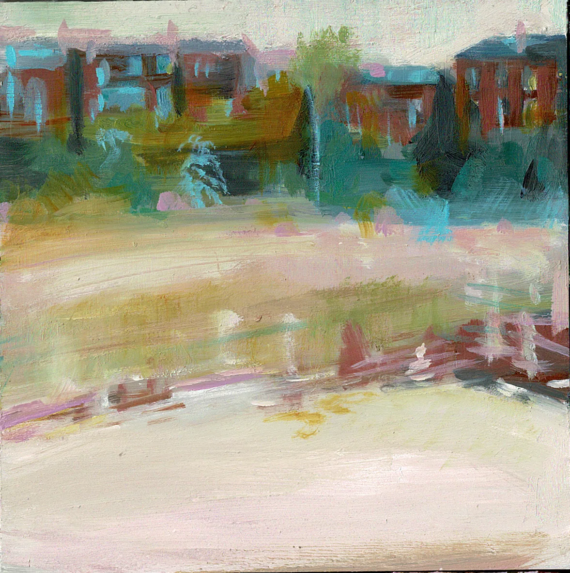 A pale, sunlit pond edge in pinks and creams, red-brick houses beyond.