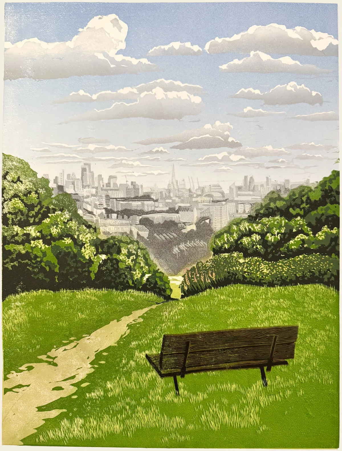 Reduction linocut of a wooden bench on a green hillside, a path leading down between trees towards the London skyline under white clouds.
