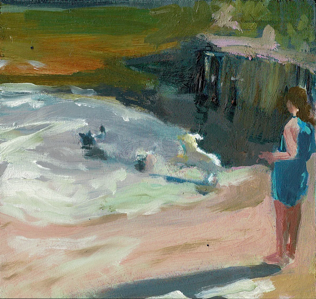 Small oil painting, Playing in the Dog Pond: a figure in a blue dress at the edge of a pond, a dog splashing in the water.