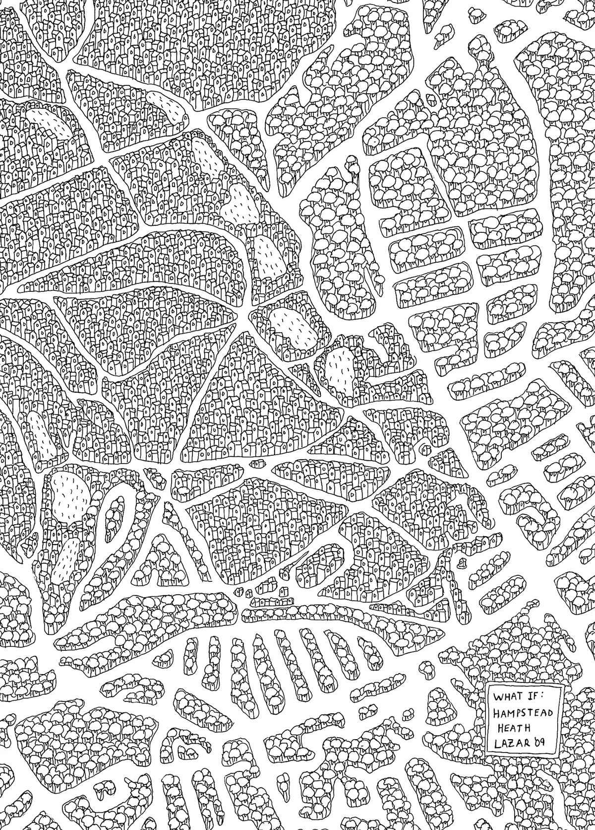 Detail: the finely drawn houses and streets of the map.