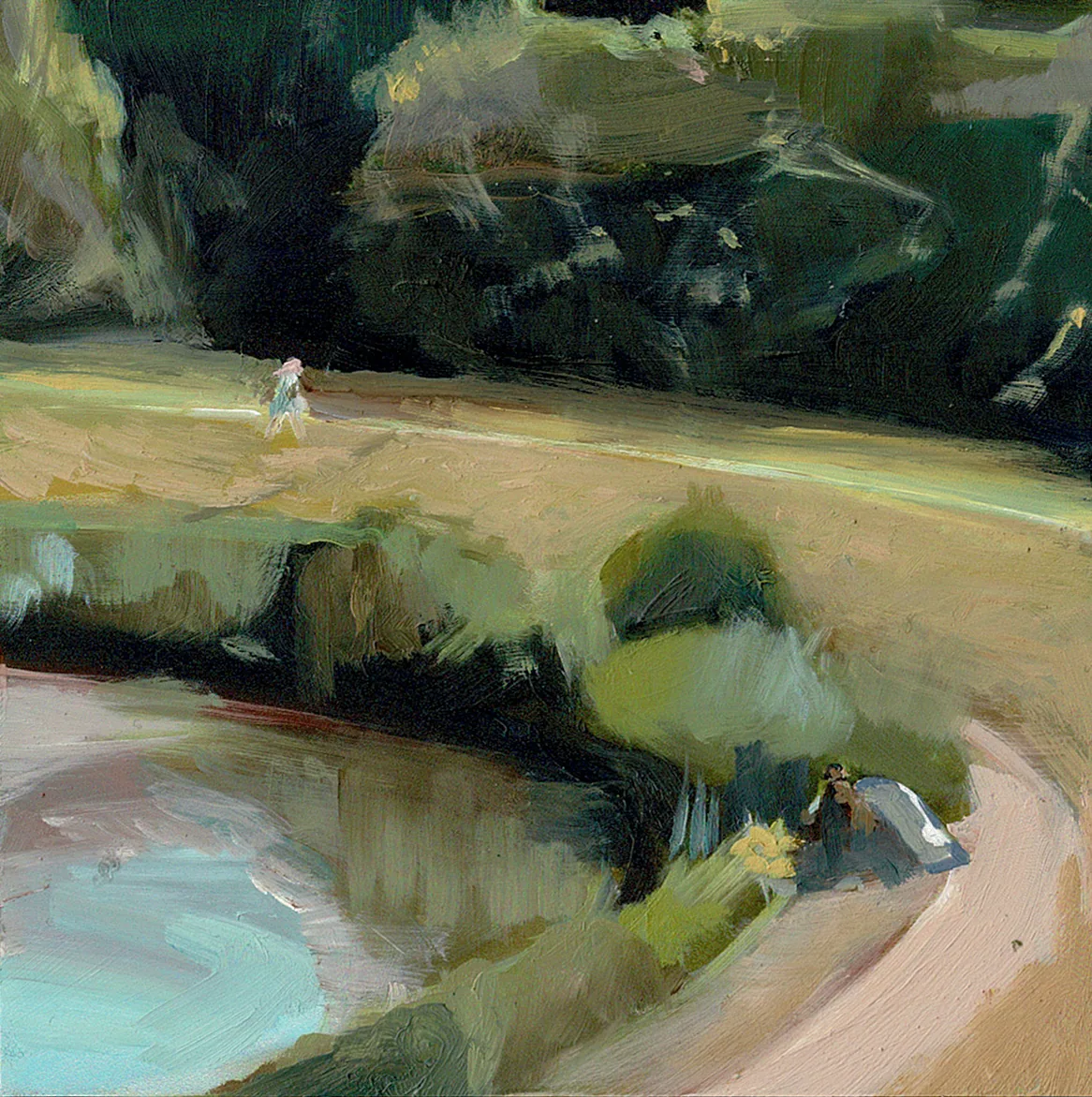 A path curving round the fishing lake beneath dark trees, a small figure in the distance.