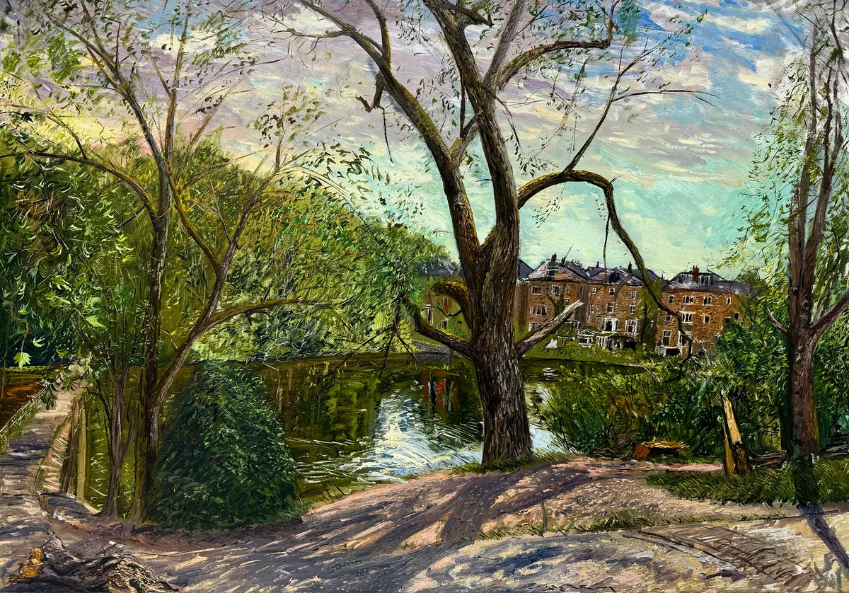 Oil painting of a gnarled tree beside a sunlit pond on the Heath, tall brick houses beyond and dappled shadows across the path.