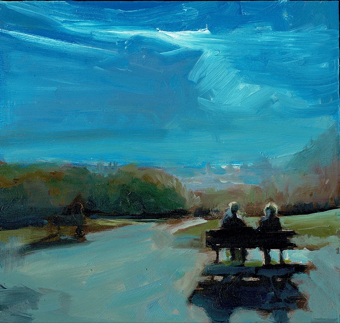 Two friends on a bench at the Parliament Hill viewpoint, in deep blue evening light.