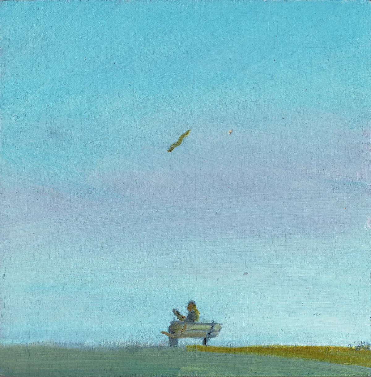 A figure reading on a bench on the brow of a hill under a wide pale-blue sky, a bird overhead.