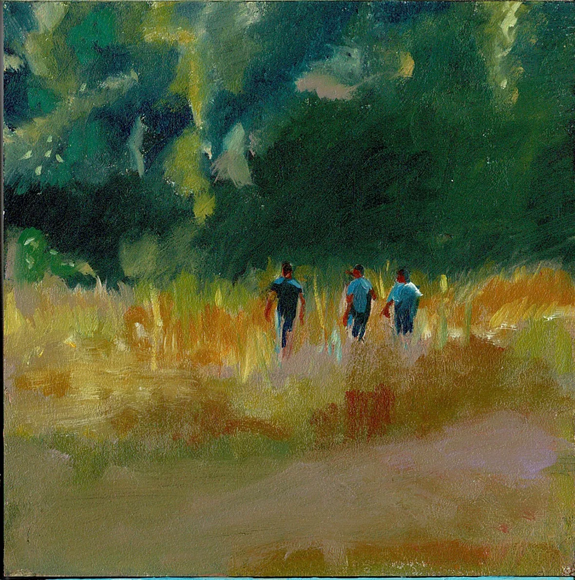 Three walkers wading through long golden grass towards dark trees.