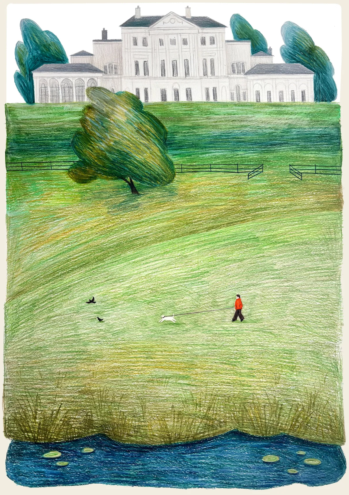 Coloured pencil drawing of a figure in red walking a small white dog across a sloping green meadow below the white facade of Kenwood House, a lily pond in the foreground.