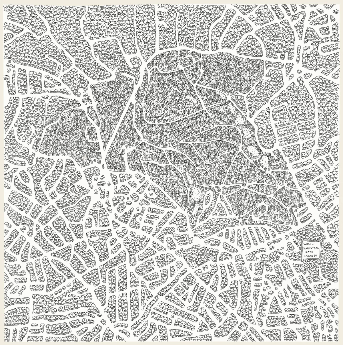 Ink map of Hampstead Heath with trees and buildings reversed: the Heath drawn as a village of tiny houses inside a vast forest.