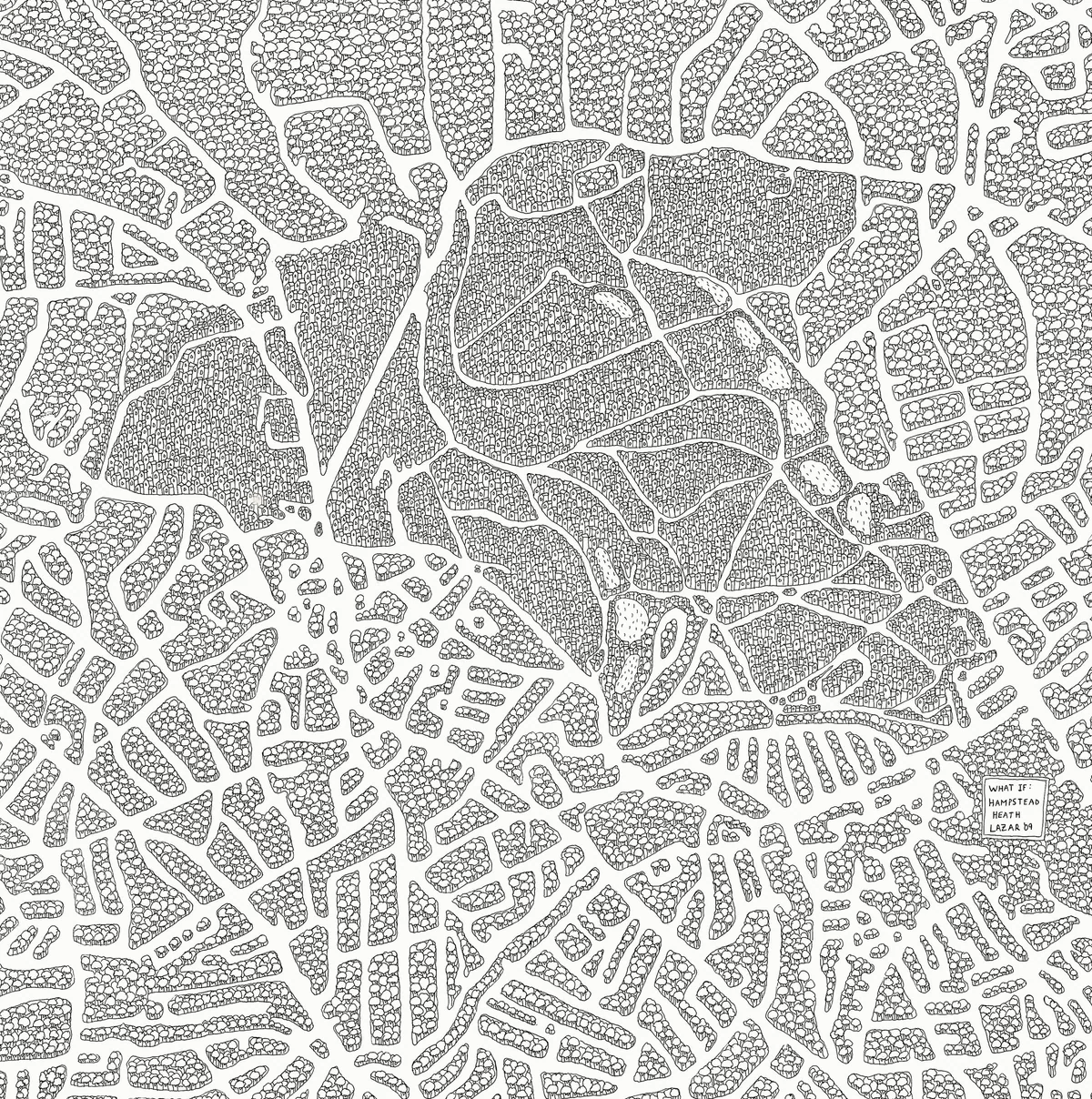 Ralph Lazar’s What if?: an ink map of Hampstead Heath with trees and buildings reversed, the Heath drawn as a village of tiny houses inside a vast forest.