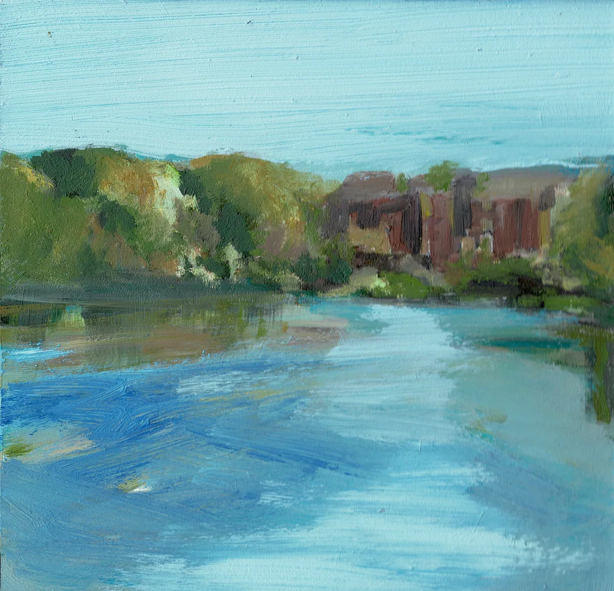 A Hampstead pond reflecting the sky, trees and red-brick houses on the far bank.